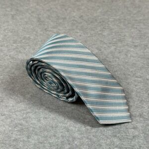 Mens Warehouse Skinny Neck Tie 100% Silk Light Blue Stripe NOTE